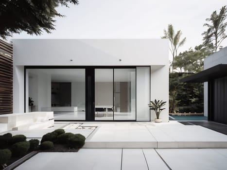 Minimalist modern house with outdoor living space and swimming pool. Contemporary urban living concept. Generative AI.