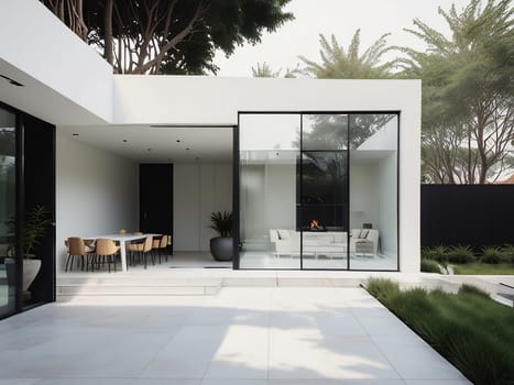 Minimalist modern house with outdoor living space and swimming pool. Contemporary urban living concept. Generative AI.