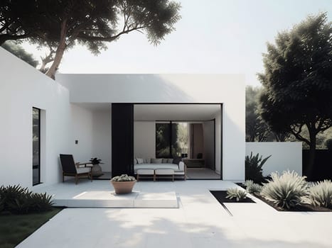 Minimalist modern house with outdoor living space and swimming pool. Contemporary urban living concept. Generative AI.