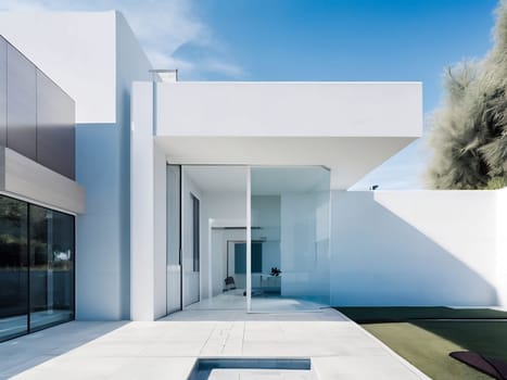 Minimalist modern house with outdoor living space and swimming pool. Contemporary urban living concept. Generative AI.