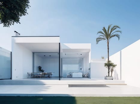 Minimalist modern house with outdoor living space and swimming pool. Contemporary urban living concept. Generative AI.