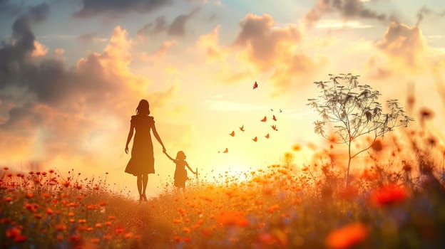 A woman and child are strolling through a vibrant field of blooming flowers. The child is holding the mothers hand as they walk together, surrounded by colorful petals and green stems.