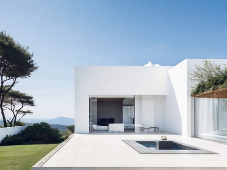 Minimalist modern house with outdoor living space and swimming pool. Contemporary urban living concept. Generative AI.