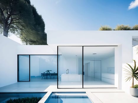 Minimalist modern house with outdoor living space and swimming pool. Contemporary urban living concept. Generative AI.