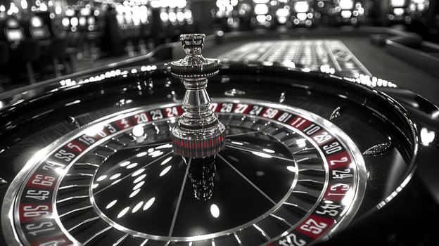 A black and white photo capturing a casino roulette wheel spinning, with the ball about to land on a number. The table is surrounded by players placing bets, adding to the tense atmosphere.