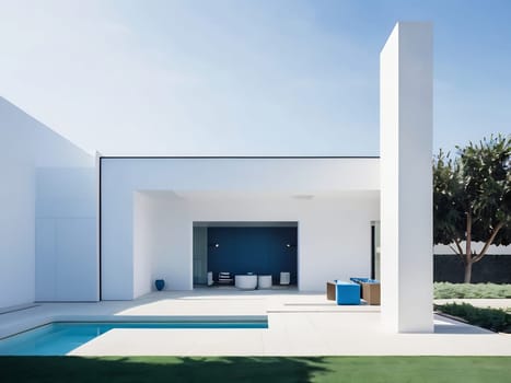 Minimalist modern house with outdoor living space and swimming pool. Contemporary urban living concept. Generative AI.