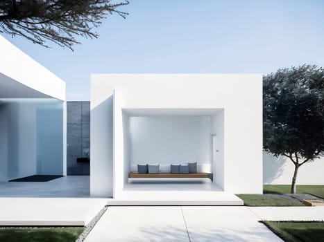 Minimalist modern house with outdoor living space and swimming pool. Contemporary urban living concept. Generative AI.