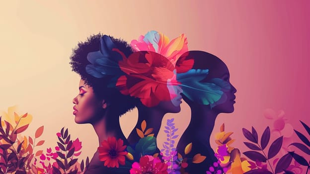 A painting depicting two women with colorful flowers in their hair, showcasing a celebration of femininity and beauty. The women are elegantly posed, exuding confidence and grace.