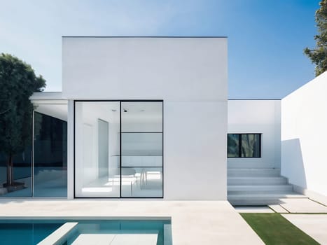 Minimalist modern house with outdoor living space and swimming pool. Contemporary urban living concept. Generative AI.