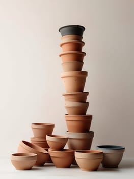 Piles of empty clay pot standing on floor isolated on bright white background. Generative AI.