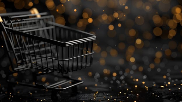 A black shopping cart is positioned on top of a table, symbolizing a sale or Black Friday concept. The cart appears to be stationary, with no one around.