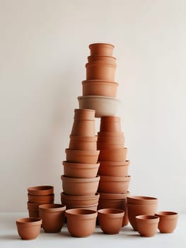 Piles of empty clay pot standing on floor isolated on bright white background. Generative AI.