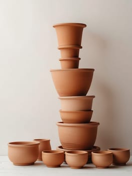 Piles of empty clay pot standing on floor isolated on bright white background. Generative AI.