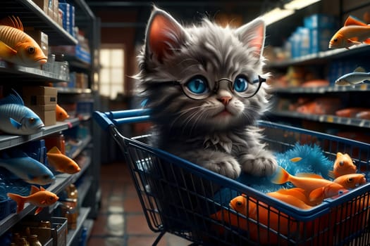 cute cat in a fish store with a shopping cart .