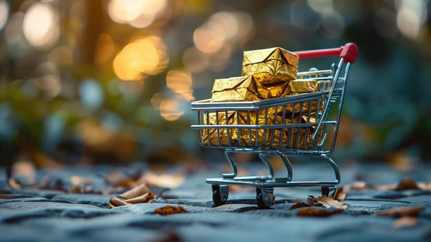 A small shopping cart, meant to represent a sale or Black Friday concept, is filled with gleaming gold bars. The scene conveys wealth, luxury, and the idea of a valuable shopping opportunity.