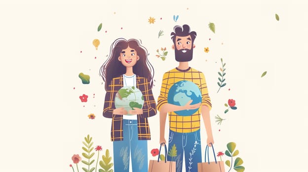 A man and a woman standing together, holding bags and a globe in their hands. They appear to be contemplating the world or planning a trip. The globe symbolizes Earth Day and global awareness.