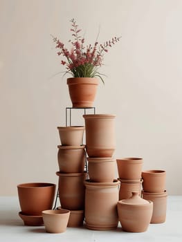 Piles of empty clay pot standing on floor isolated on bright white background. Generative AI.