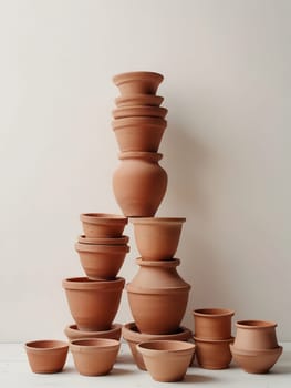 Piles of empty clay pot standing on floor isolated on bright white background. Generative AI.