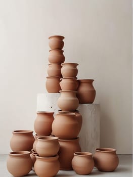 Piles of empty clay pot standing on floor isolated on bright white background. Generative AI.