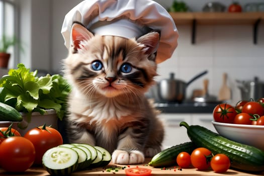 Cute cat chef preparing fresh vegetable salad in the kitchen .