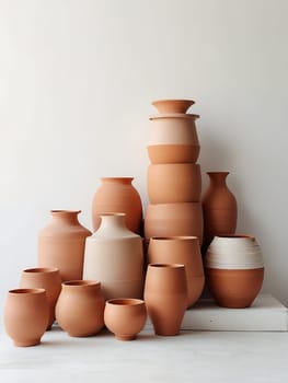 Piles of empty clay pot standing on floor isolated on bright white background. Generative AI.