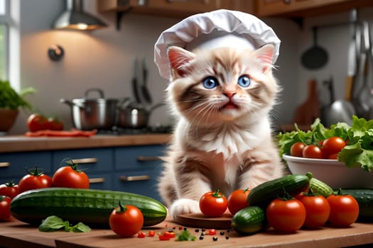 Cute cat chef preparing fresh vegetable salad in the kitchen .