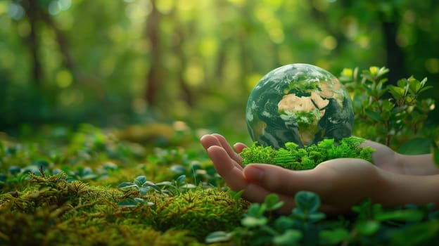 A person is holding a green globe with both hands. The globe is a symbol of Earth, representing environmental awareness and the importance of conservation.