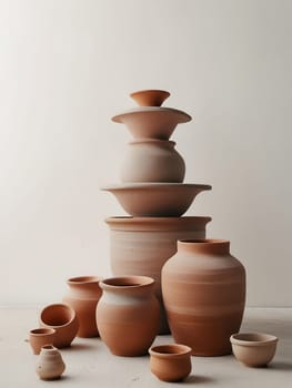 Piles of empty clay pot standing on floor isolated on bright white background. Generative AI.