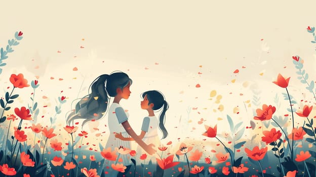 Two young girls are standing in a field filled with colorful flowers. They are holding hands and looking around at the picturesque scenery.