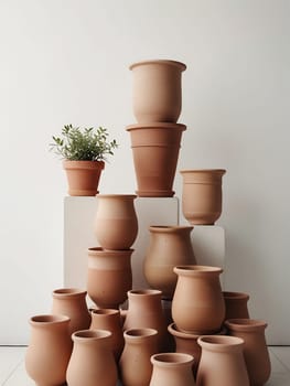 Piles of empty clay pot standing on floor isolated on bright white background. Generative AI.