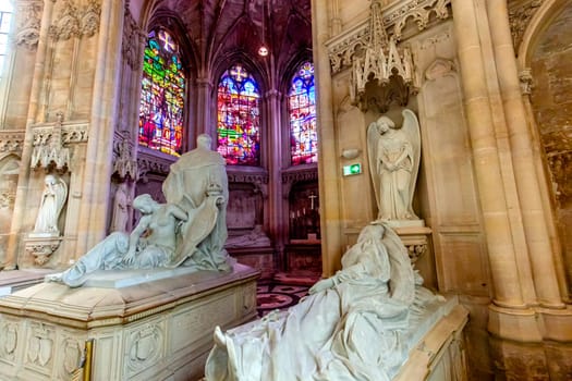 DREUX, FRANCE, MAY 15, 2024 : The Royal Chapel of Dreux, built in 19th century,  is the traditional gothic burial place of members of the House of Orleans. 