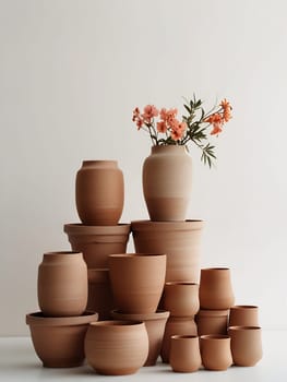 Piles of empty clay pot standing on floor isolated on bright white background. Generative AI.