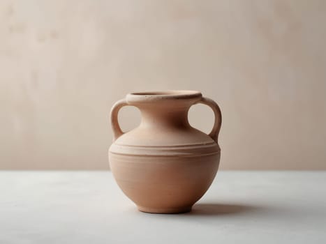 An empty clay pot standing on bright white studio background. Generative AI.