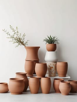 Piles of empty clay pot standing on floor isolated on bright white background. Generative AI.