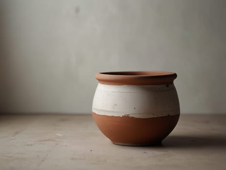 An empty clay pot standing on bright white studio background. Generative AI.