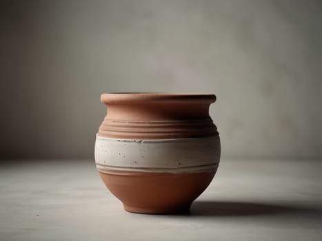 An empty clay pot standing on bright white studio background. Generative AI.