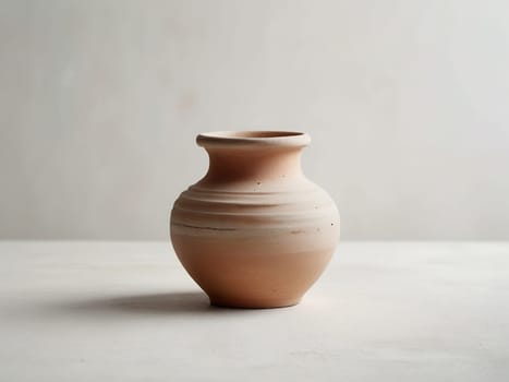 An empty clay pot standing on bright white studio background. Generative AI.