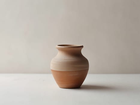 An empty clay pot standing on bright white studio background. Generative AI.