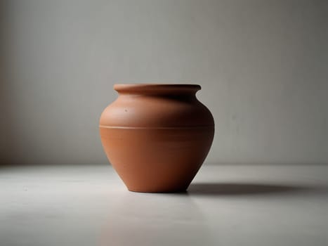 An empty clay pot standing on bright white studio background. Generative AI.