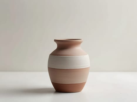 An empty clay pot standing on bright white studio background. Generative AI.