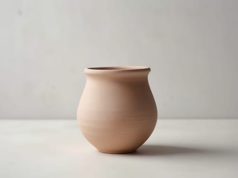 An empty clay pot standing on bright white studio background. Generative AI.