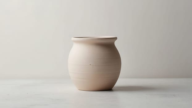 An empty clay pot standing on bright white studio background. Generative AI.
