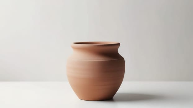 An empty clay pot standing on bright white studio background. Generative AI.