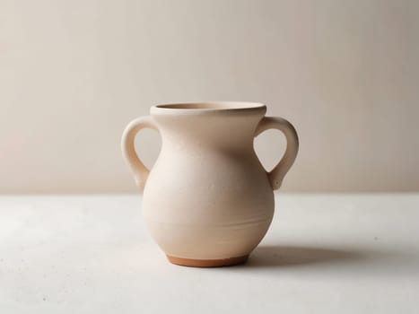 An empty clay pot standing on bright white studio background. Generative AI.