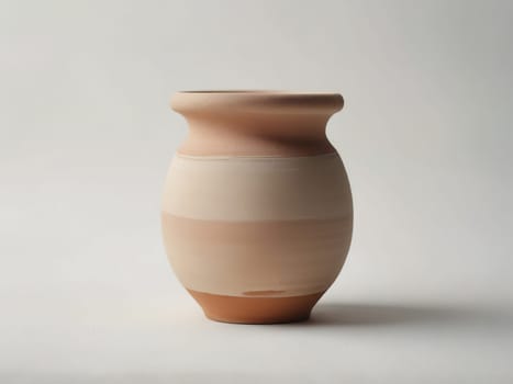 An empty clay pot standing on bright white studio background. Generative AI.