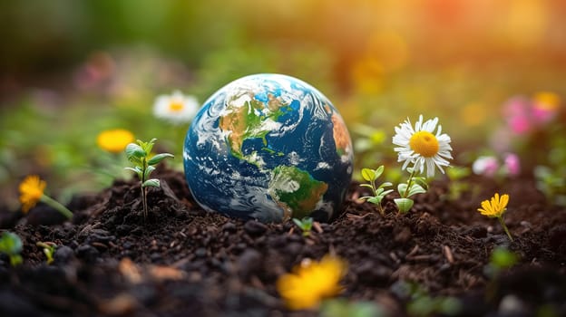 A small globe is placed in the center of a vibrant field of assorted flowers, creating a symbolic representation of Earth Day and the beauty of nature.