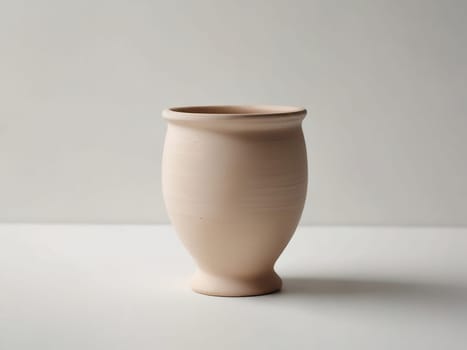 An empty clay pot standing on bright white studio background. Generative AI.
