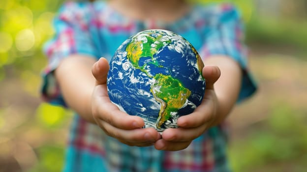 A young child, with a colorful patterned shirt, stands in a natural setting holding a small globe gently in their hands, symbolizing care and protection of our planet in honor of Earth Day.