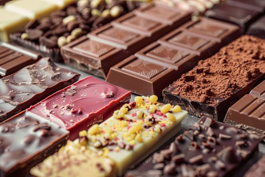 Close up view of a variety of chocolate bars in different flavors and types, neatly arranged with rich colors and high detail.