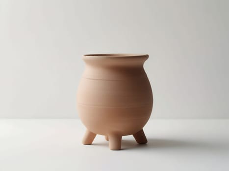 An empty clay pot standing on bright white studio background. Generative AI.